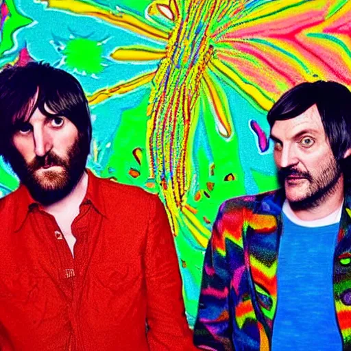 Image similar to noel fielding and julian barratt in a psychedelic mdma painting