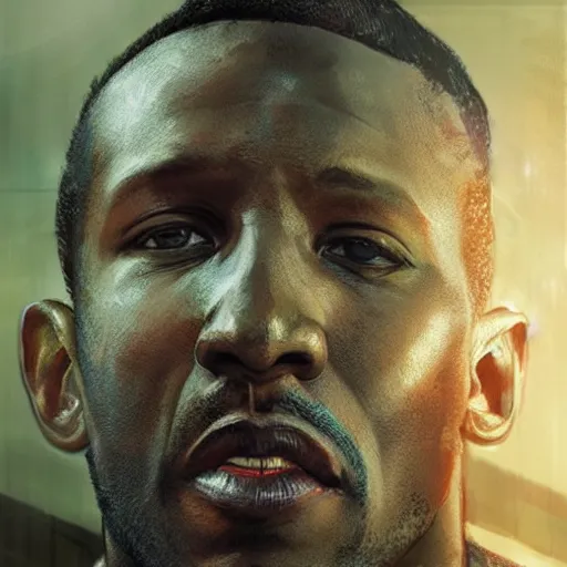 Image similar to mahershala ali, hyperrealistic portrait, bladerunner street, art of elysium by jeremy mann and alphonse mucha, fantasy art, photo realistic, dynamic lighting, artstation, poster, volumetric lighting, very detailed face, 4 k, award winning