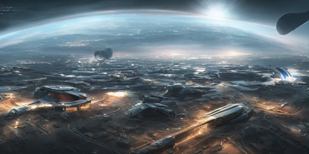 Image similar to a beautiful view of a spaceport, matte painting, cinematic lighting, hyper - detailed, 4 k, scifi