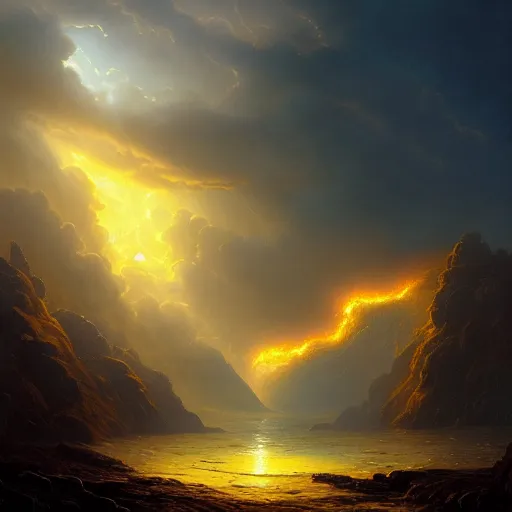 Prompt: A beautiful hyper realistic detailled matte painting of a fiery torrent of wind overflowing with Yellow energy, nightfall, barometric projection, by andreas rocha john howe, and Martin Johnson Heade, featured on artstation, featured on behance, ultrawide angle,f16