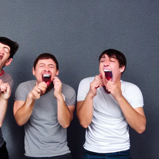 Prompt: several guys typing on keyboard while laughing very hard, mouth wide open tsticking tongues out, studio light, grey background, centered, photorealsitic