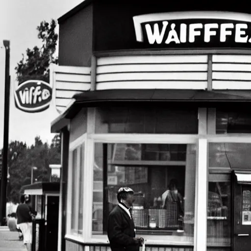 Prompt: real photograph of a wafflehouse employee standing outside smoking a cigarette in front of wafflehouse with clear view of the interior that has customers dining within, his uniform is blue shirt black hat, black apron and black pants, wafflehouse advertising photograph