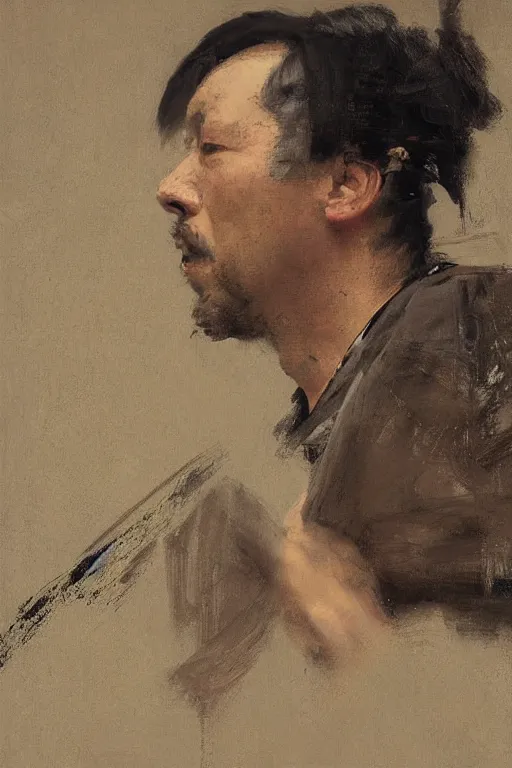 Prompt: Richard Schmid and Jeremy Lipking and Antonio Rotta full length portrait painting of a japanese samurai