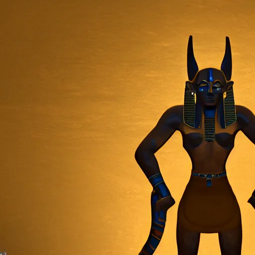 Prompt: full body anubis character in egyptian gold and black armor character, background is an oasis in egypt, concept character art, final fantasy, moebius, ultra detailed, ambient lighting, ray tracing, moody