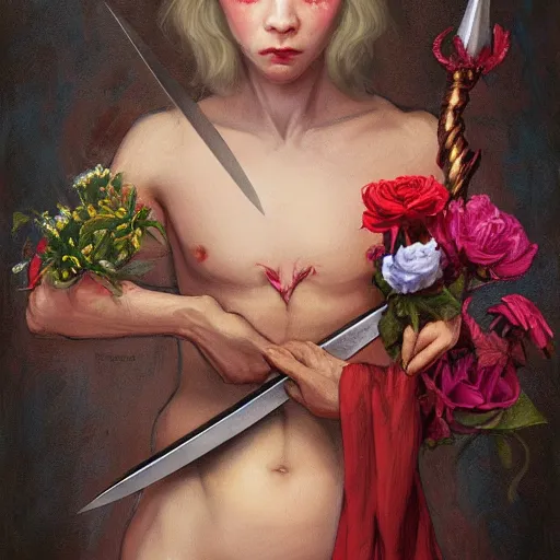 Prompt: portrait of a male fantasy elf holding a sharp wicked dagger stiletto knife. he wears a crown of flowers. baroque portrait, 8k ultra HD, by esao andrews