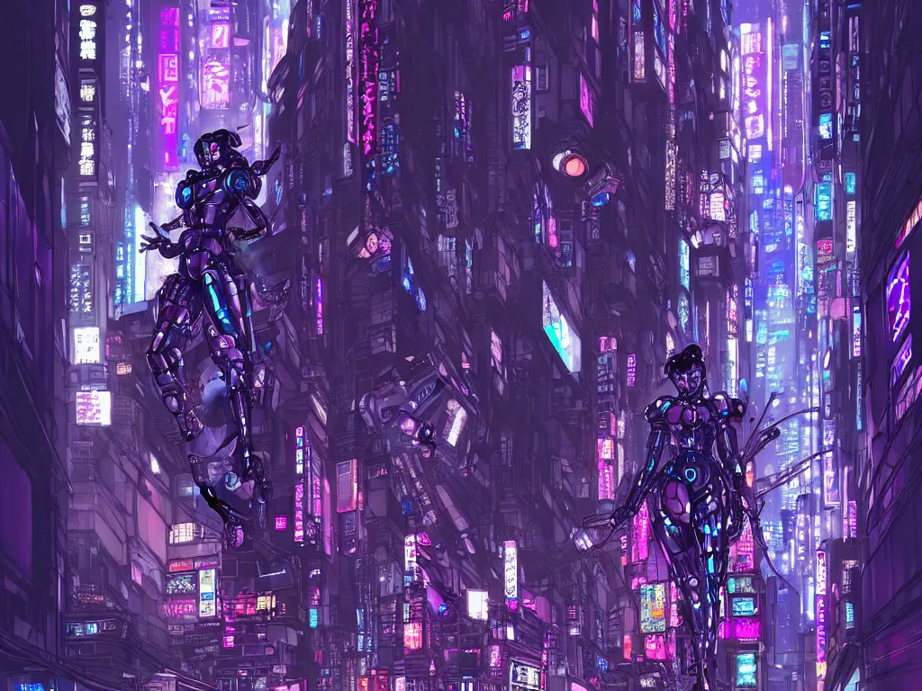 Image similar to high detailed mecha geisha in a cyberpunk rainy city at night by Josan Gonzalez, purple and blue neons, unreal engine, high quality, 4K, UHD, trending on ArtStation, wires, blade runner vibes, ghost in the shell, akira, dorohedoro