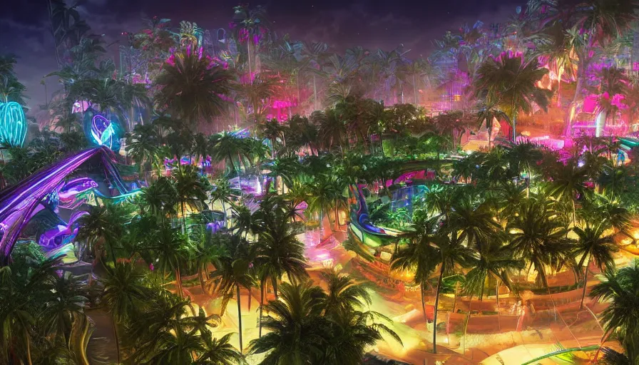 Image similar to Ecological city with neon lights built in the heart of a tropical island, hyperdetailed, artstation, cgsociety, 8k