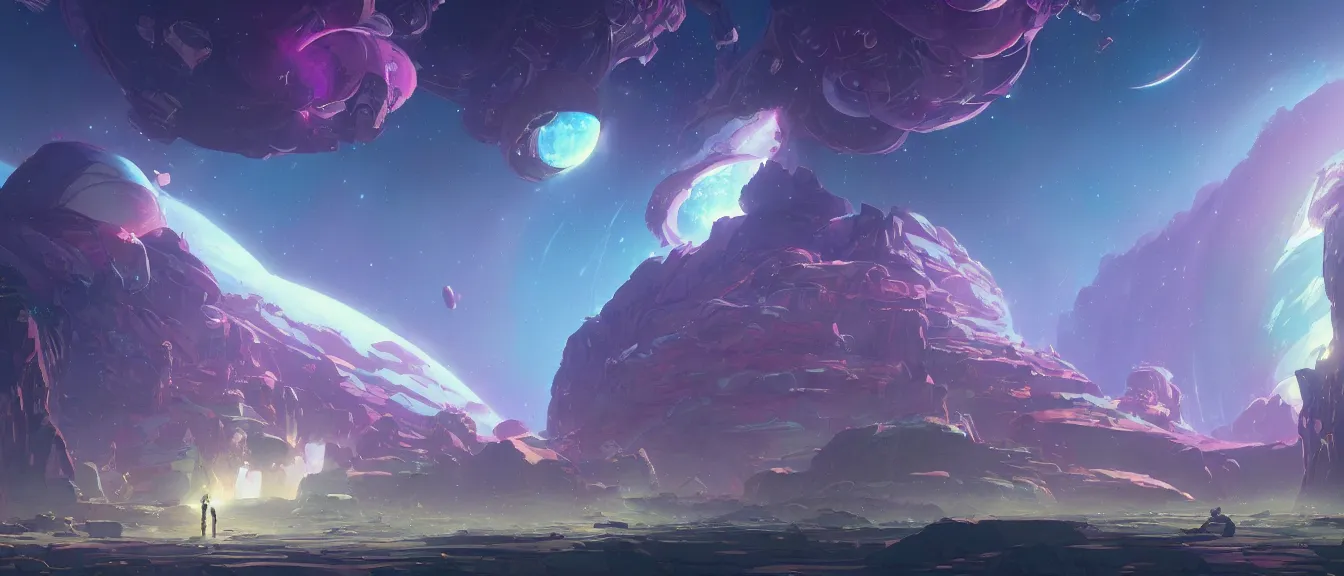 Image similar to antimatter space port on a colorful moon, unreal engine, fantasy art by greg, loish, rhads, ferdinand knab, makoto shinkai, lois van baarle, ilya kuvshinov, rossdraws, tom bagshaw, global illumination, radiant light, highly detailed intricate environment, isometric, onstudio ghibli, octane render, 8 k