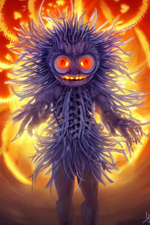 Prompt: a glowing humanoid figure dandelion monster with large glowing eyes, surrounded by orange aura, highly detailed, digital art, sharp focus, trending on art station, artichoke, anime art style