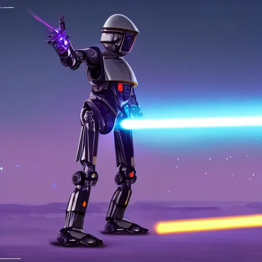 Image similar to humanoid robot in fighting stance wielding lightsaber in front of a violet planet in the sky, unreal engine, featured on cgsociety, trending on artstation, detailed, scifi futuristic character concept, simon stalenhag, movie still, octane render, hubble telescope, violet planet, stars, hyperrealistic, cinematic, by weta digital, epic action pose