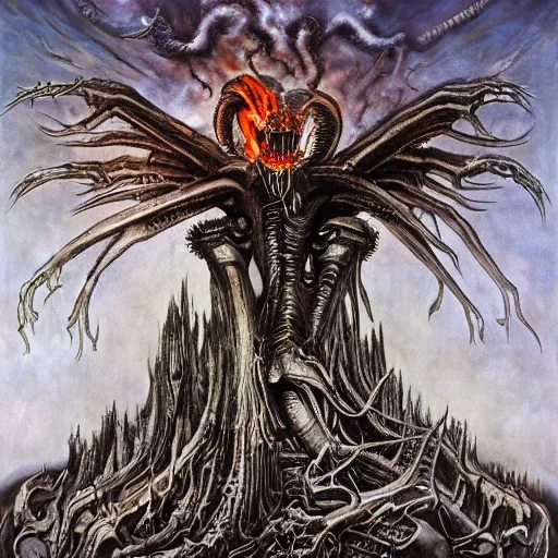 Prompt: painting by h. r. giger, fantasy demon rising from the ashes like a phoenix, metal album cover, punk, condemned to misery, terminate, metal, cloudy landscape, wide angle