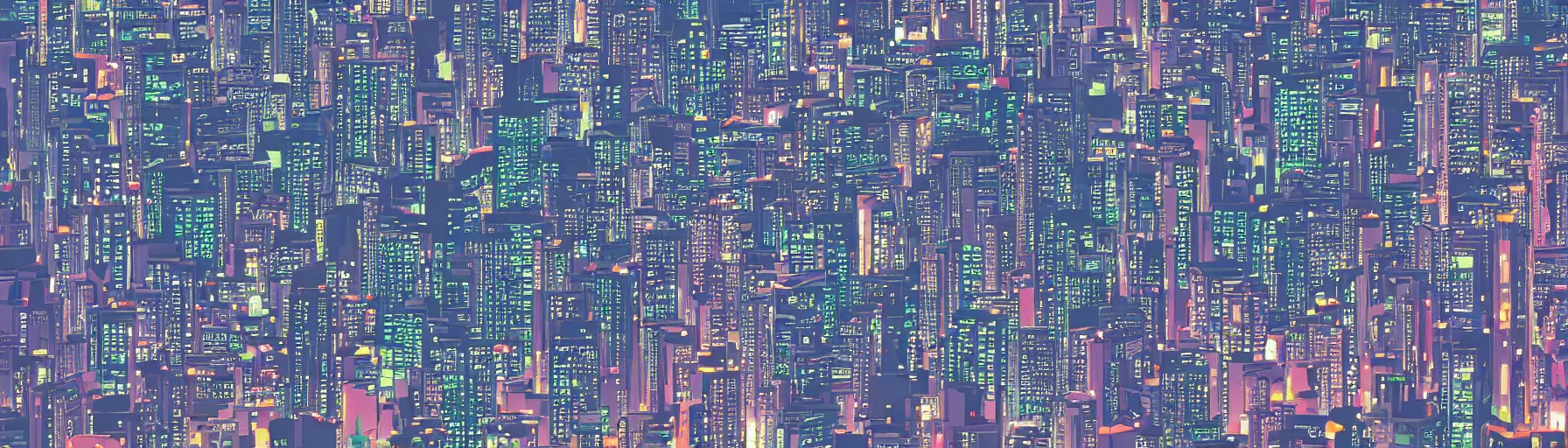 Prompt: vertical panorama of the neo - tokyo skyline in the style of studio ghibli