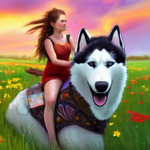 Image similar to girl riding a giant husky in a field of flowers, trending on artstation