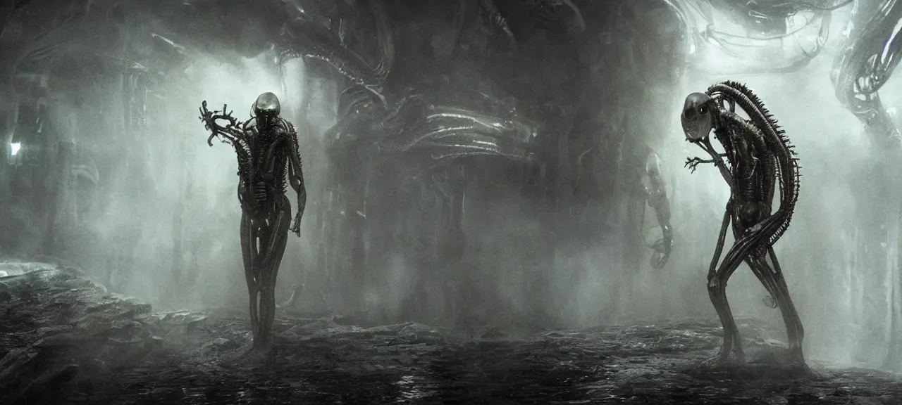 Prompt: Image from scifi movie Alien, terrified priest watching wet alien, horror atmosphere, cinematic, dramatic view, vfx quality film effects, details and vivid colors