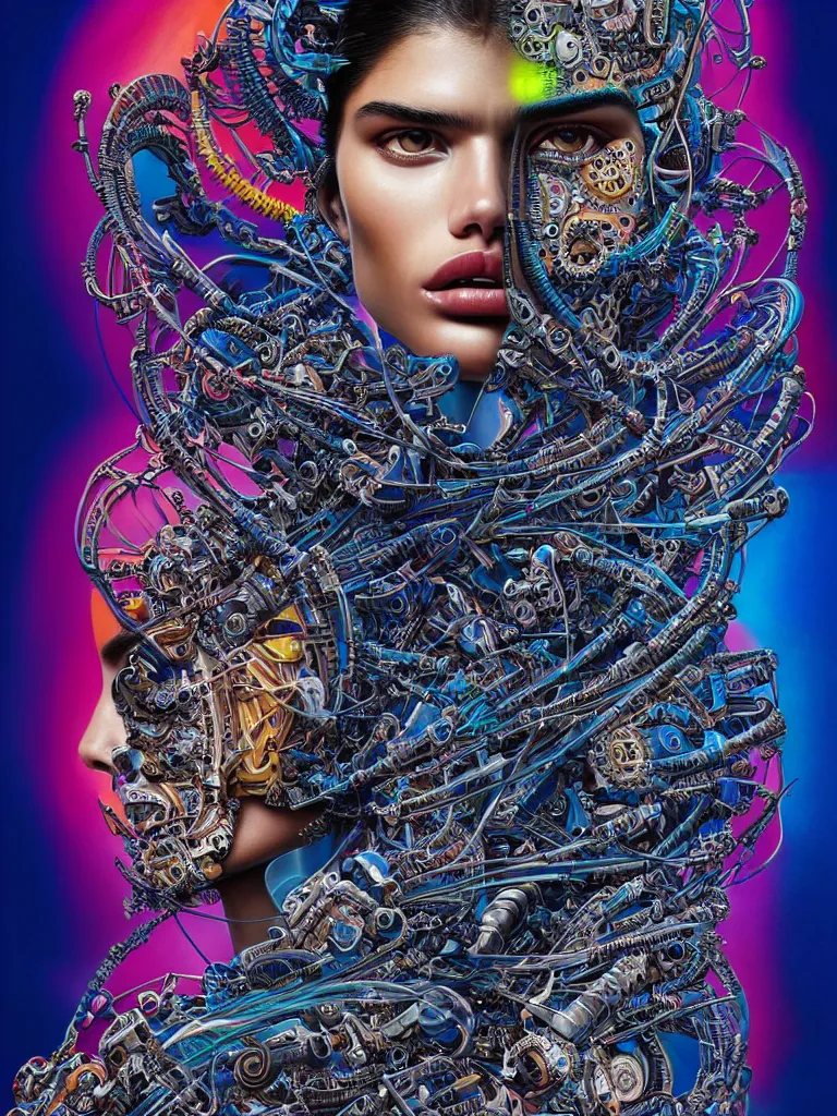 Prompt: Portrait of Sara Sampaio wearing epic bionic cyborg implants of different vibrant colors, detailed intricate ornate cables connected to head, by Dan Mumford and Naoto Hattori, extremely beautiful and proportionate face, in the aesthetic of mert and marcus, masterpiece, intricate, elegant futuristic wardrobe, highly detailed, digital painting, Blade Runner, artstation, concept art, crepuscular rays, smooth, sharp focus, illustration, background is made of stars and vibrant space nebula, cyberpunk colors, volumetric lighting, art by artgerm and james jean and Nick Sullo