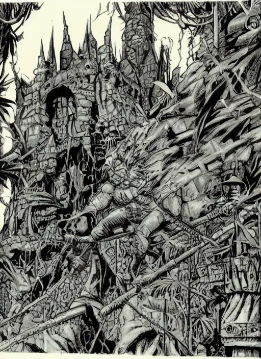 Image similar to detailed comic book drawing of a fantasy castle in the jungle by randy vargas and simon bisley and jack kirby