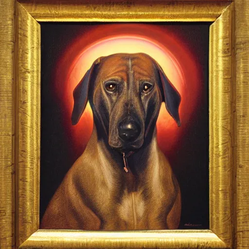 Prompt: the new age prophet Rhodesian ridgeback dog, illuminated from behind like a Catholic saint portrait, full moon night. Portrait by Paul Bonner, oil on canvas