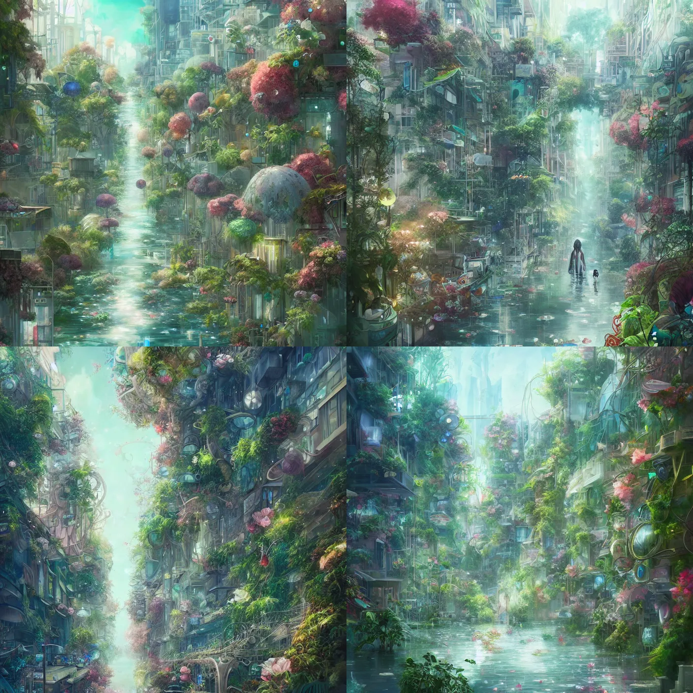 Prompt: street view of an overgrown city filled with water and flora, by Anna Dittmannand, digital art. surreal. trending on artstation. anime arts. featured on Pixiv, HD, 8K, highly detailed, good lighting. beautiful. epic.