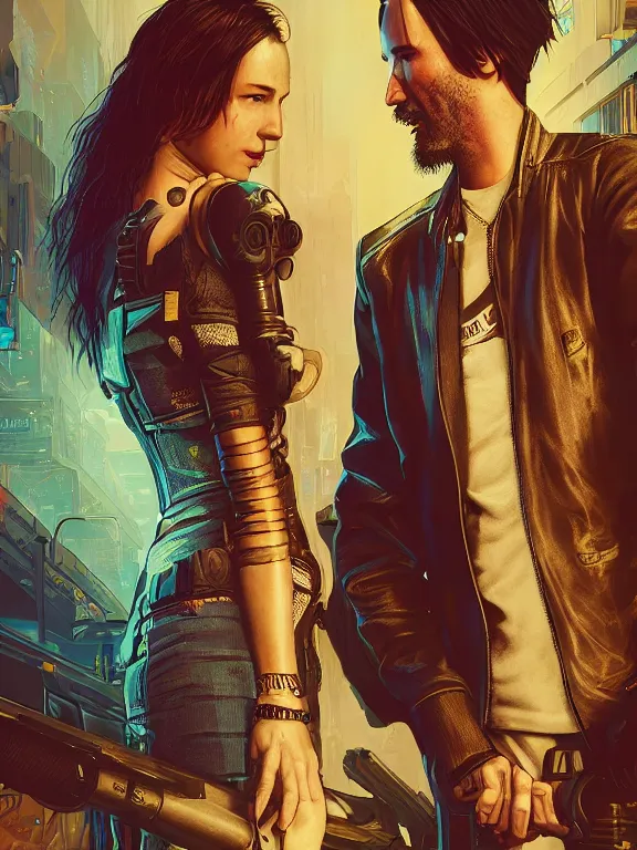 Image similar to a cyberpunk 2077 couple portrait of Keanu Reeves and V, ,love story,film lighting,by laurie greasley,Lawrence Alma-Tadema,William Morris,Dan Mumford,trending on atrstation,FAN ART,full of color,Digital painting,face enhance,highly detailed,8K, octane,golden ratio,cinematic lighting