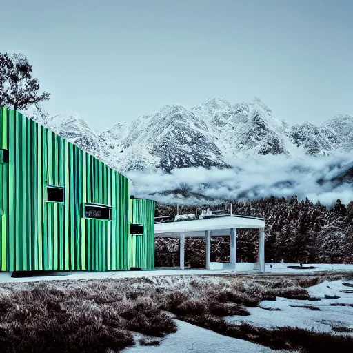 Image similar to wes anderson style modern futuristic house near the lake, snowy mountains and green forest, cinematic, realism, photo, detailed