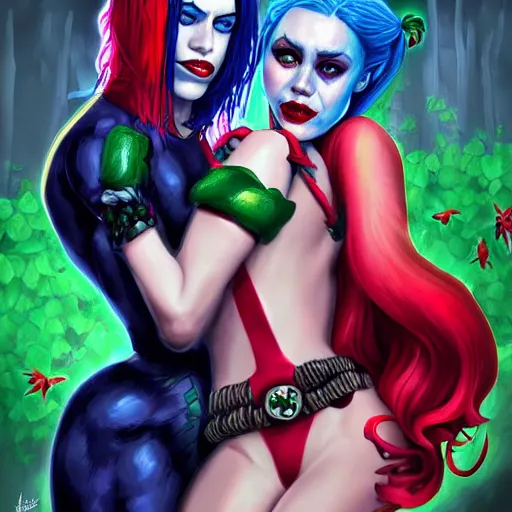 Prompt: harley quinn and poison ivy romance, hyper detailed masterpiece, digital art painting, surrealisme aesthetic,