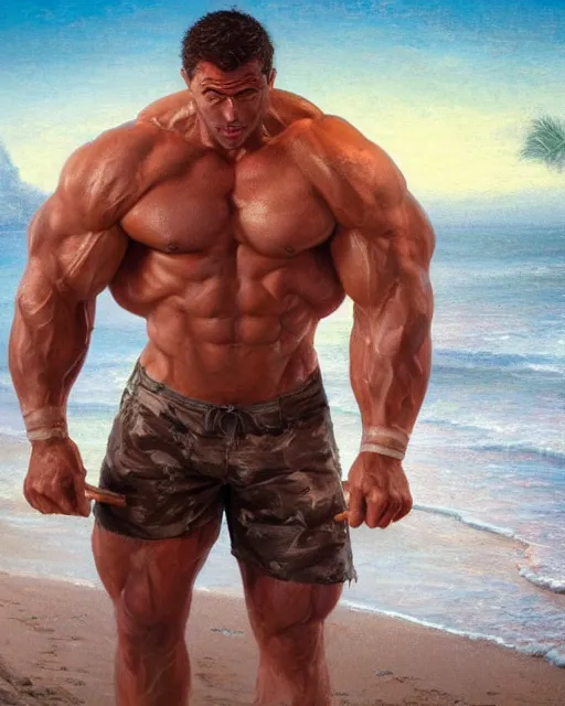 Prompt: handsome man on the beach, herculean, bulging muscular figure, beautiful gigachad, soft lighting, highly detailed face, sharp focus, artstation, sophie anderson, arnold armitage, loish, thomas kinkade