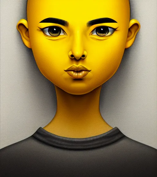 Image similar to portrait of a yellow emoji, poised, intense emotion, detailed facial expression, detailed surroundings, minimalistic, intricate, elegant, highly detailed, centered, digital painting, artstation, concept art, smooth, sharp focus