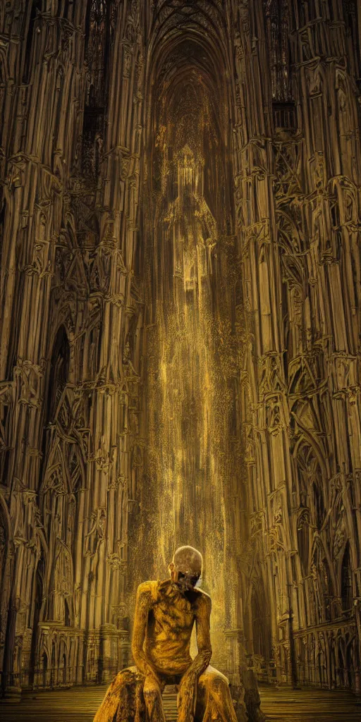 Image similar to a tall pale humanoid being sitting upon an ornate stone throne, 4K, digital art, horror, dramatic, wearing a long yellow rotting garment, dark, hyperrealistic, perspective, complex (((dark))) cathedral background with volumetric lights coming in through cathedral windows, dark background, highlights,