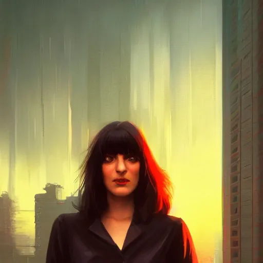 Image similar to portrait of a young mia wallace in front of a cyberpunk city, dramatic light, city background, sunset, high contrast, sharp, painted by stanley lau, painted by greg rutkowski, painted by stanley artgerm, digital art, trending on artstation