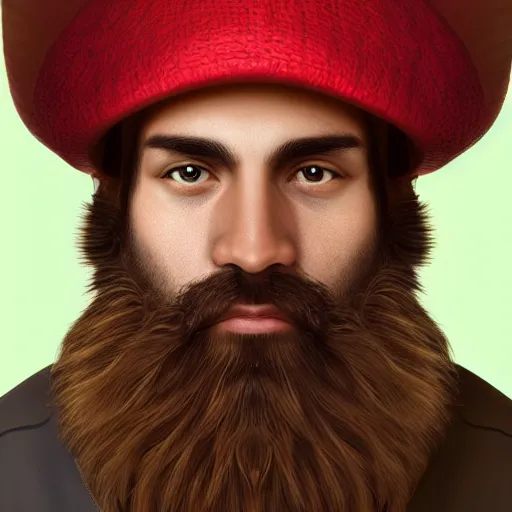 Image similar to highly detailed close up portrait of a bearded man in a mushroom hat, studio lightning, bright colors, intricate, masterpiece, photorealistic, hiperrealistic, sharp focus, high contrast, Artstation HQ, DeviantArt trending, 4k UHD, Unreal Engine 5