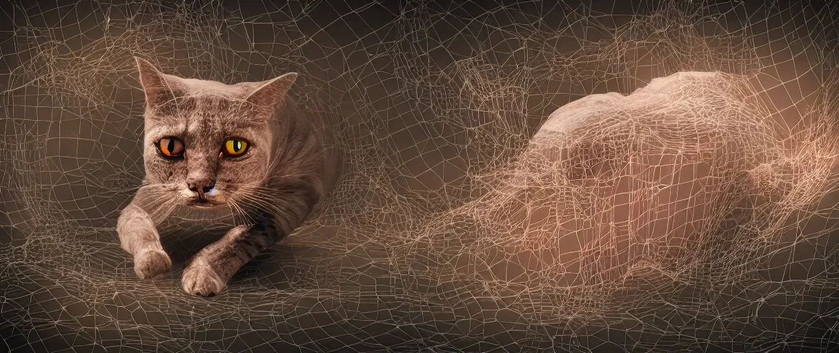 Image similar to 3 d render of schrodinger's cat in a box beeing dead and alive at the same time, 3 d render with small elements of glitch art and small elements of 3 d mesh, paradox, quantum superposition, waves and particles, wave function, scifi style, concept art, high detail, particles disintegration, artsation 4 k