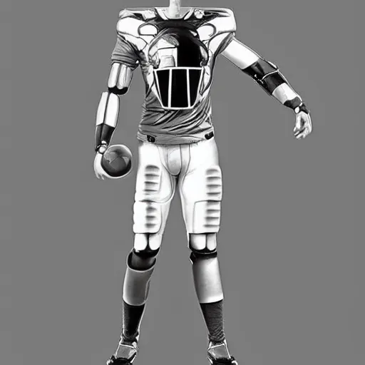 Image similar to “ a realistic detailed photo of a guy who is an attractive humanoid who is half robot and half humanoid, who is a male android, football player christian mccaffrey, shiny skin, posing like a statue, blank stare, on the field, on display ”