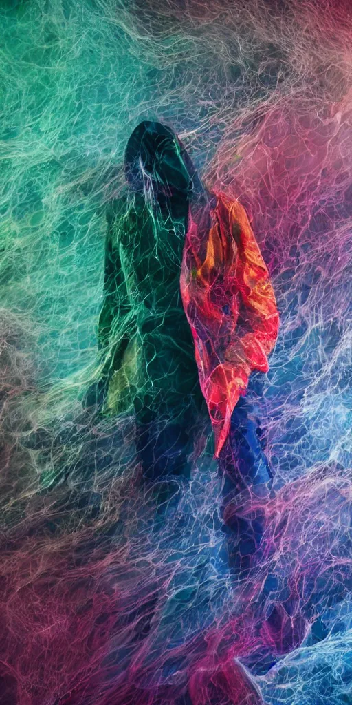 Image similar to faceless man in a multicolored metallic suit, hidden behind torn cloth swirling violently, abstract cloth simulation, tattered fabric, rags, ragged, ephemeral, gradients, hyperdetailed, hyper realistic, Cozy, soft light, caustic, atmospheric fog, Octane Render, cinematic