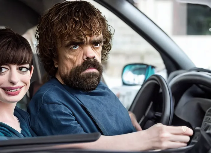 Image similar to peter dinklage and anne hathaway driving a little tikes cozy coupe, movie still, from the new fast 5, 8 k, realistic