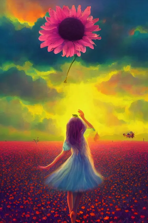 Image similar to giant daisy flower as head, girl dancing in a flower field, surreal photography, sunrise, dramatic light, impressionist painting, colorful clouds, digital painting, artstation, simon stalenhag