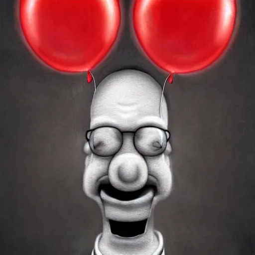 Prompt: surrealism grunge cartoon portrait sketch of homer simpson with a wide smile and a red balloon by - michael karcz, loony toons style, freddy krueger style, horror theme, detailed, elegant, intricate