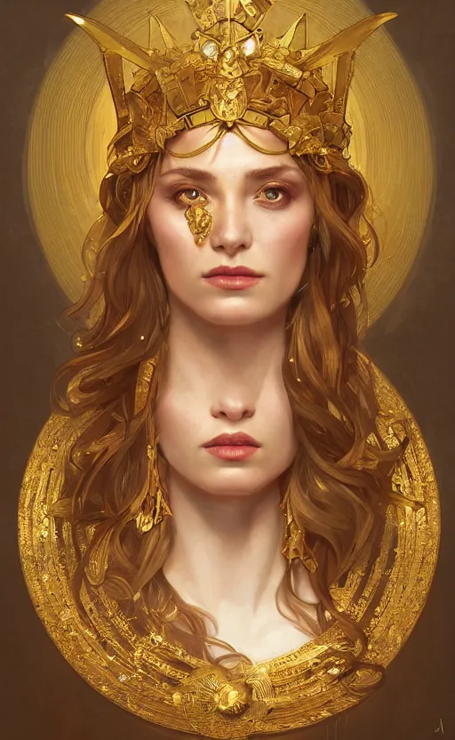 Image similar to portrait of circe, greek mythology, goddess, golden crown and outfit, intricate, headshot, highly detailed, digital painting, artstation, concept art, sharp focus, cinematic lighting, illustration, art by artgerm and greg rutkowski, alphonse mucha, cgsociety