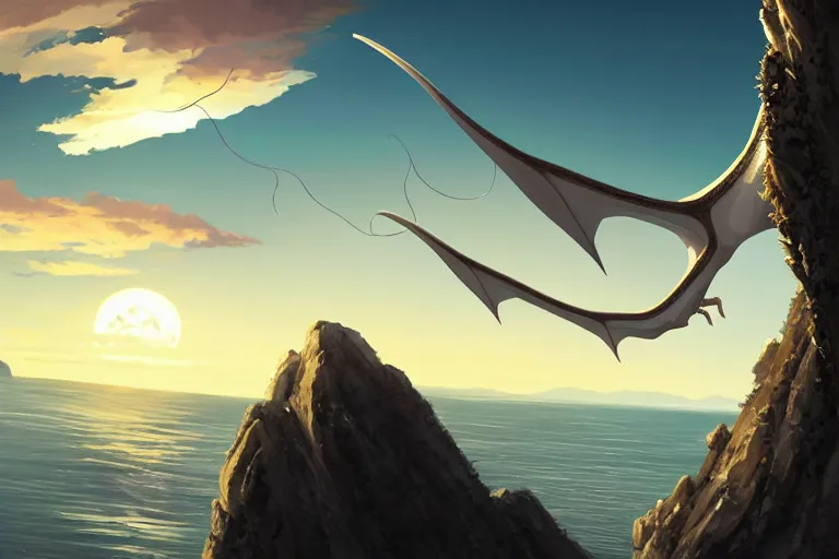 Image similar to a closeup of a large smooth skinned white creature hybrid pterosaur alien, small quills along it's back, long fangs, sitting on a cliff high in the sky, sunset, backlit, beautiful composition, over a rocky shore, jagged rocks in the far distance, by makoto shinkai an krenz cushart