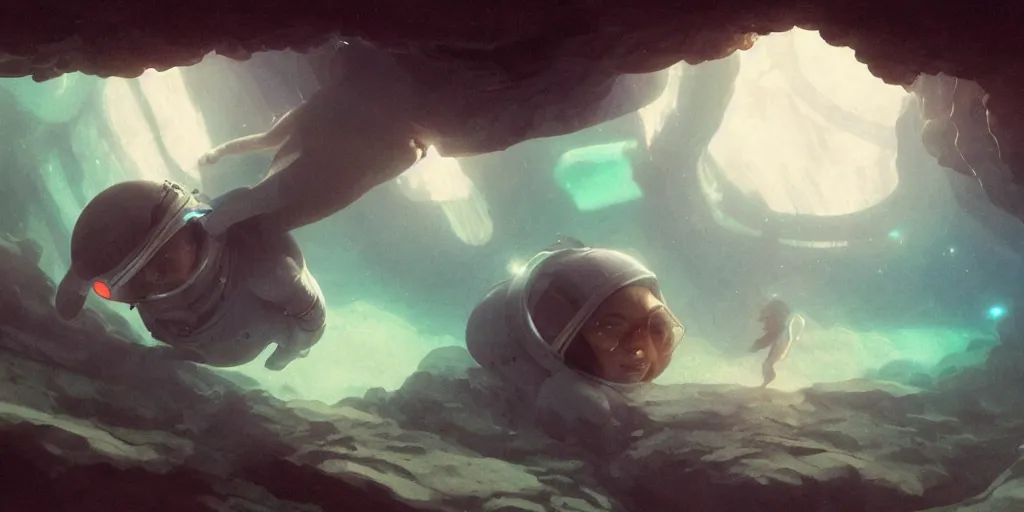 Image similar to Zoe Kravitz as an astronaut, underwater in the ocean at night, eerie atmospheric cave, volumetric lighting, glowing lights, 4k, octane, digital painting, artstation, concept art, sharp focus, illustration, art by artgerm and greg rutkowski and alphonse mucha wide angle view,