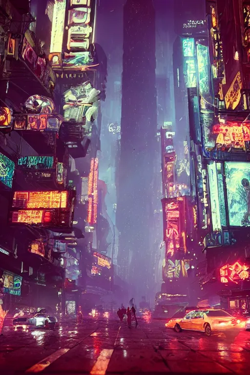 Image similar to cinematic photo of ancient overgrown cyberpunk new york city with cars and people, holograms, night, rain, flowers, beautifully lit, hyperdetailed, unreal engine, photorealistic, denis villeneuve film look, blade runner set