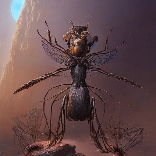 Prompt: A detailed painting of an anthropomorphic ant queen standing on her hind legs with large legs and a pair of insect wings, stars in the background, formian pathfinder, digital art 4k, Wayne Barlowe Greg Rutkowski