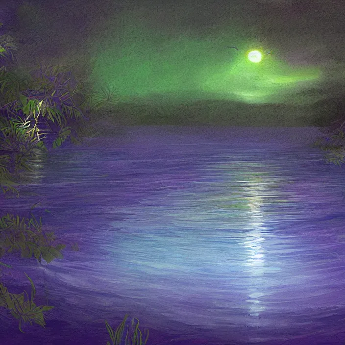 Image similar to lake trees night fireflies glowing above water digital painting concept art