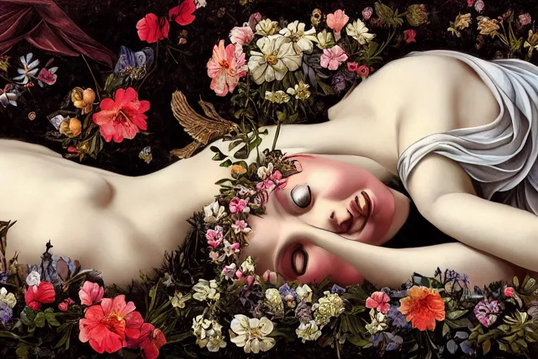 Image similar to a greek goddess dreaming about her mortality, lying on a bed of flowers and bones, large eyes and lips, HD Mixed media collage, depth of field, liminal space, highly detailed and intricate, surreal illustration in the style of Caravaggio, baroque dark art