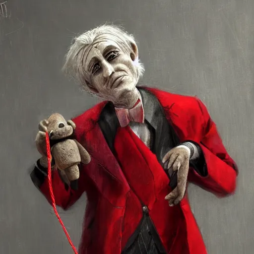 Image similar to portrait of a puppet master holding a hand string puppet marionette on strings, grey hair and a tuxedo, harsh good looking face, middle aged, surrounded by red curtains, drawn by Ruan Jia, disco elysium style, highly detailed