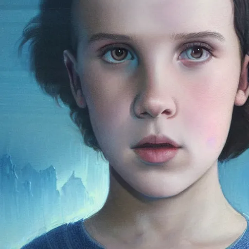 Image similar to Millie Bobby Brown from Stranger Things facing the camera with her hand outstretched with things floating all around her, fullbody, intricate, highly detailed, artstation, concept art, smooth, sharp focus, illustration, art by greg rutkowski and orientalism and bouguereau and Zdzislaw Beksinski, good clear quality, lighting, biology, symmetrical artwork, perfect face, 135 mm, cinematic, hyper realism, high detail, octane render, 8k, chrome accents