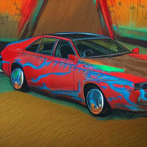 Image similar to cars behaving like animals, earthy colours, with neon flavours, hyper detailed, realistic, strange but real