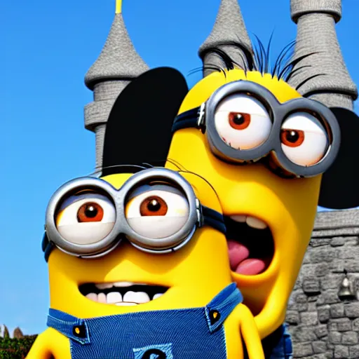 Image similar to minion in front of the disneyland castle, photo realistic, 4 k