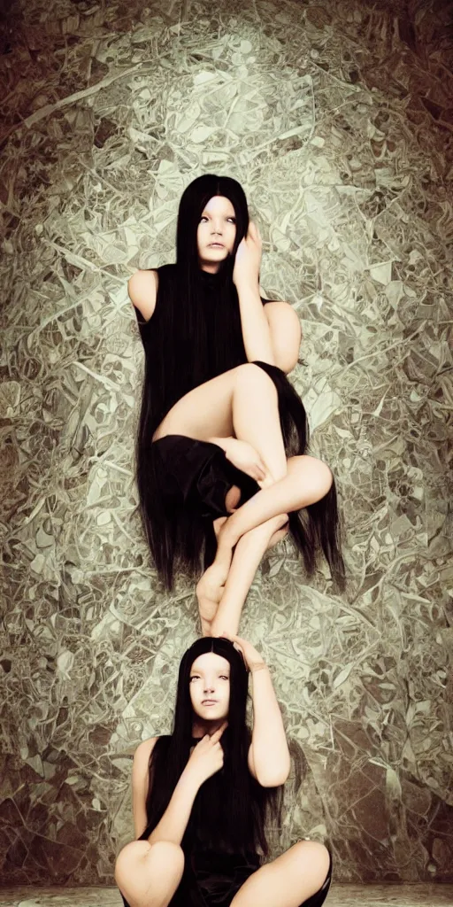 Image similar to photo of lonely young girl with straight long black hair wearing black dress and sitting on bathroom floor, photo made by mario testino and vanessa beecroft, render by artgem and alphonse mucha for capcom co, resident evil