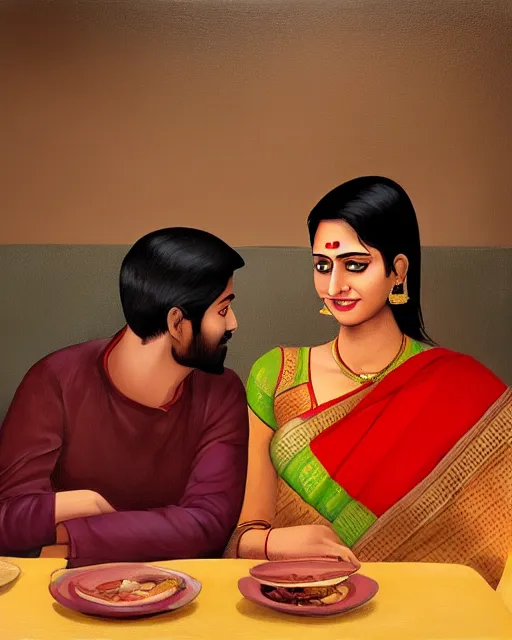 Image similar to a guy and girl on a date in a restaurant, saree, desi, art by salman toor. faithfully depicted facial expression, perfect anatomy, sharp focus, global illumination, radiant light, detailed and intricate environment, trending on artstation