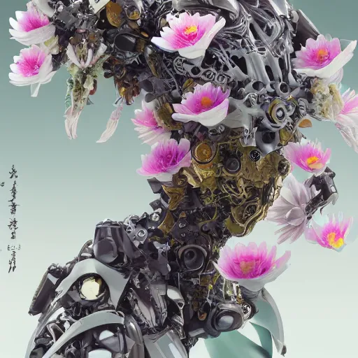 Image similar to waterlily head mobile combat suit floral rococo robot, biomechanical, waterlily mecha nymphaea, detailed illustration, concept art, smooth, sharp focus, by frank gehry, bandai box art